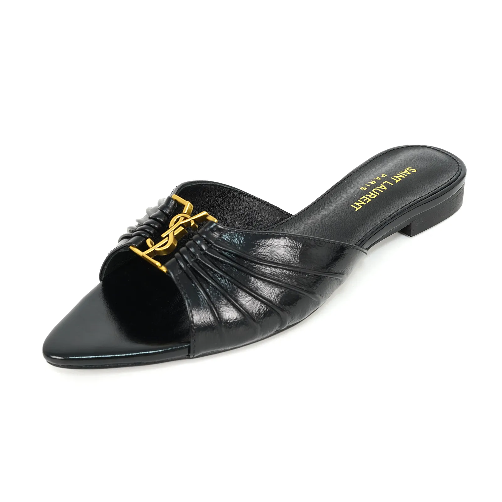 👟👟Ex-factory price 440👟👟 YSL "SAINT LAURENT*" Factory number: 510-108 New summer product LOGO metal buckle, elegant pointed toe slippers —————————— 2025 new spring and summer series pinch wrinkle slippers! Pointed-toe slippers How can I miss a pair of fairy shoes in this summer day? Matching various small skirts, you don't have to worry about the shape of your feet at all. Under the transparent light, they appear colorful. It's really too beautiful. The whiteness of your upper feet is so eye-catching! The metal buckle with the brand's LOGO illuminates the delicate lines of the ankle, releasing infinite elegance and charm. Explore more exquisite slippers!  Fabric: Butter leather Lining: Imported water-dyed sheepskin Foot pads: Goat leather Outsole: Italian leather outsole Size: 35-44 (42 43 44 customized) Heel height: 1CM
